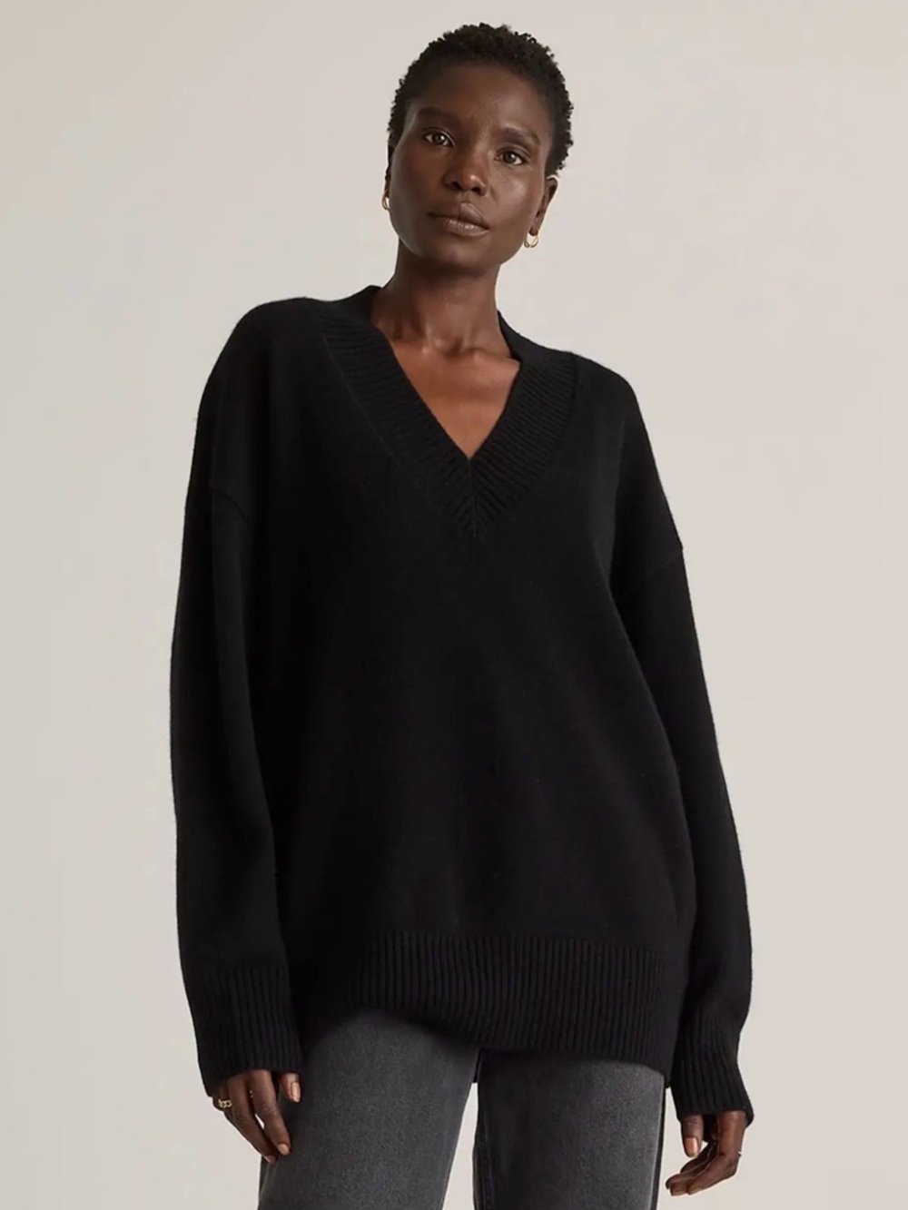 Quince 100% Mongolian Cashmere Oversized V-Neck Sweater Black NWT